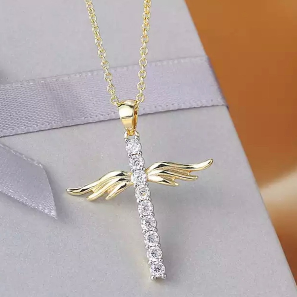Crystal Angel Cross Pendant Necklace